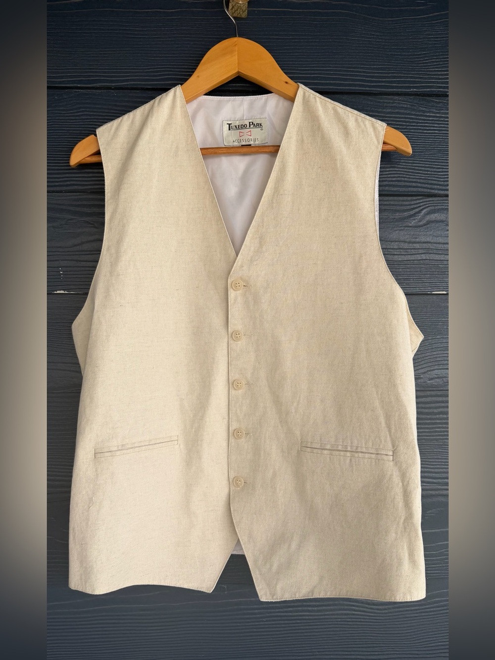 Tuxedo Park Vest Unisex men L Beige Linen Waistcoat Wedding Old Money Academia